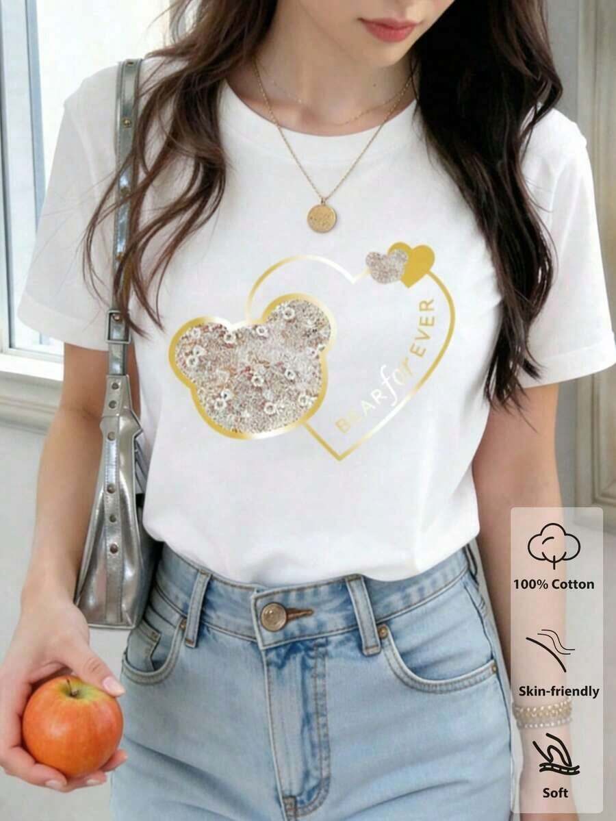 Camiseta de algodón 100% con cuello redondo, manga corta y estampado de perlas falsas, top casual de verano para mujer - Blanco 2 - Ver 1