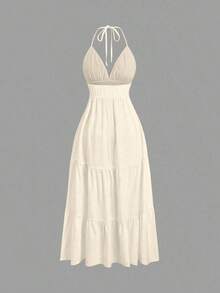 Vestido de mujer con cuello halter, cintura con lazo y bordado para vacaciones - Albaricoque - Ver 2