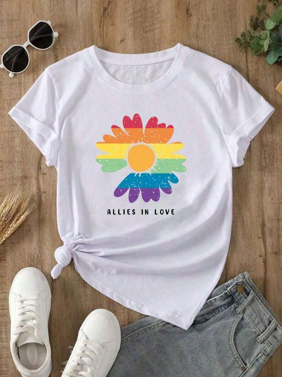 Camiseta deportiva de mujer con estampado de margaritas y colores del arco irisPure-Cotton - Blanco - Ver 1