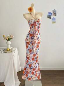 Vestido maxi de mujer con cuello halter, ajustado, con detalles de hebilla metálica y degradado romántico de malla de punto, adecuado para fiesta, cita, té de la tarde, sexy y elegante - Multicolor 2 - Ver 9