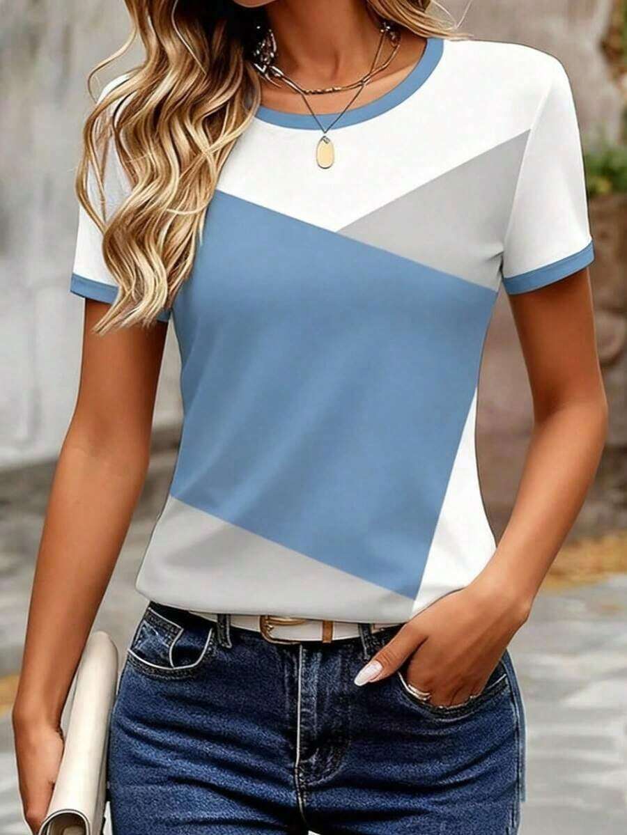 Camiseta de manga corta con estampado de dibujos de cachorros y cuello redondo informal para mujer Selamara, versátil para el verano. - Amarillo - Ver 1