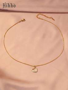 Hihho 1 pièce Collier pendentif cœur creux pour femmes, chaîne serpent élégante de luxe en ton or et argent, convient pour le trajet, les rendez-vous, les fêtes et plus d'occasions - Coeur creux - Voir 6