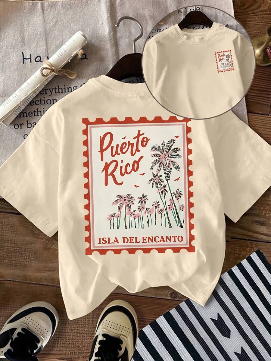 Camiseta Casual de Manga Corta para Mujer - Estampado Vintage con Patrón de Palmeras y Letras, Regalo para Vacaciones de Verano en la Playa, Manga Corta, Corte Regular, Cuello Redondo, Adecuada para Primavera y Verano, Ropa para Mujer - Albaricoque - Ver 1