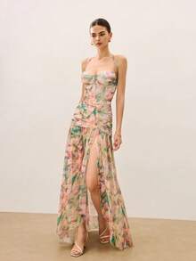 Women's Short Printed Strappy Dress - High Waist With Side Slit, Beachy Holiday Style - New Arrival Summer 2026 - 卡其色 - 查看 4