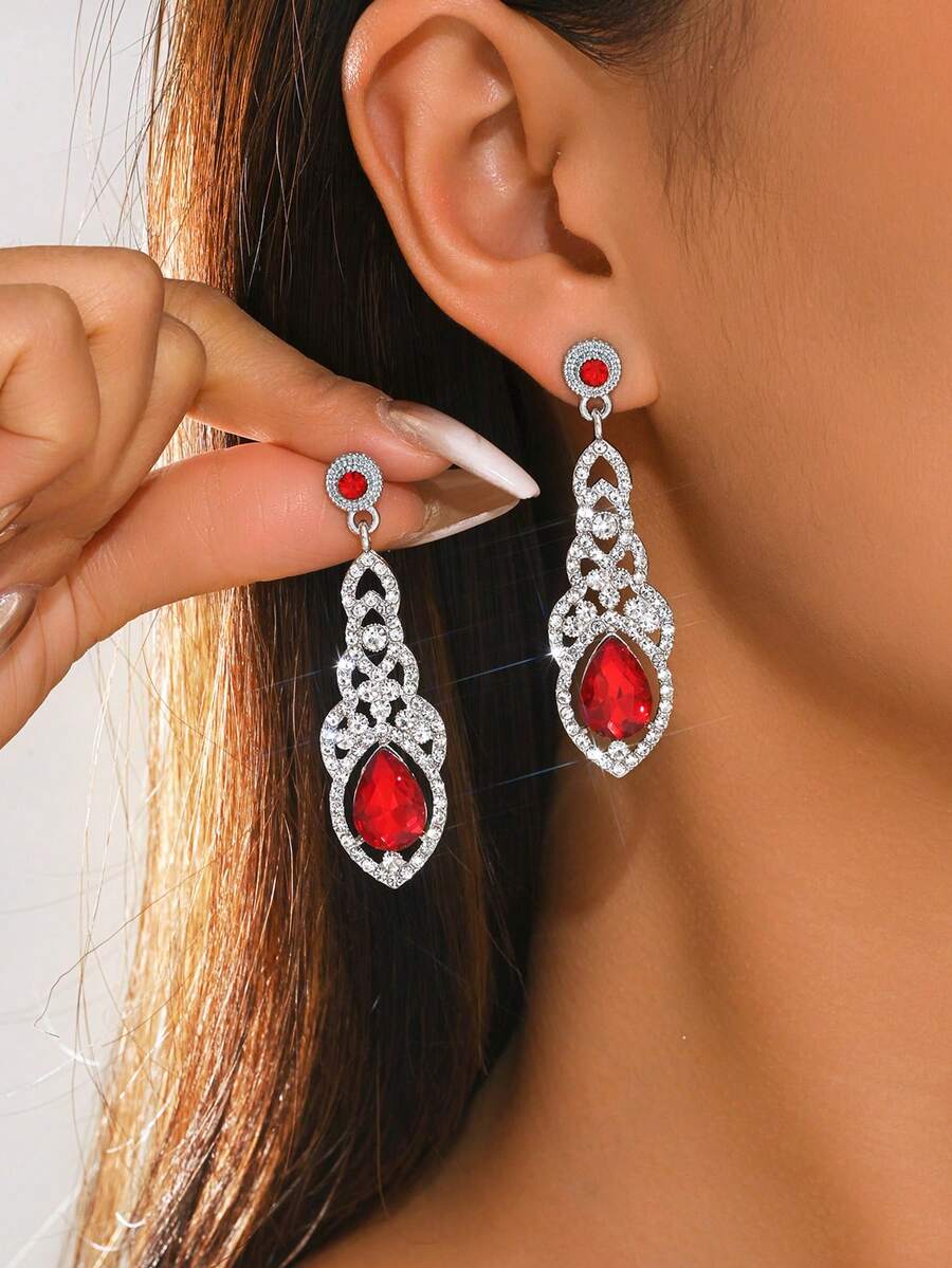 1 Pair Elegant Rhinestone Water Drop Bridal Wedding Earrings - Red - View 1