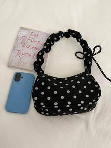 1pc Black Polka Dot Decor Corduroy Pleated Shoulder Underarm Bag For Women, Spring New Arrival - Black - View 3