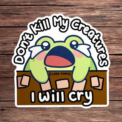 1 pieza Pegatina de vinilo "Amo a mis criaturas", calcomanía impermeable y divertida con personaje de rana llorando para laptop, botella de agua, cuaderno, diario, funda de teléfono, decoración de equipaje