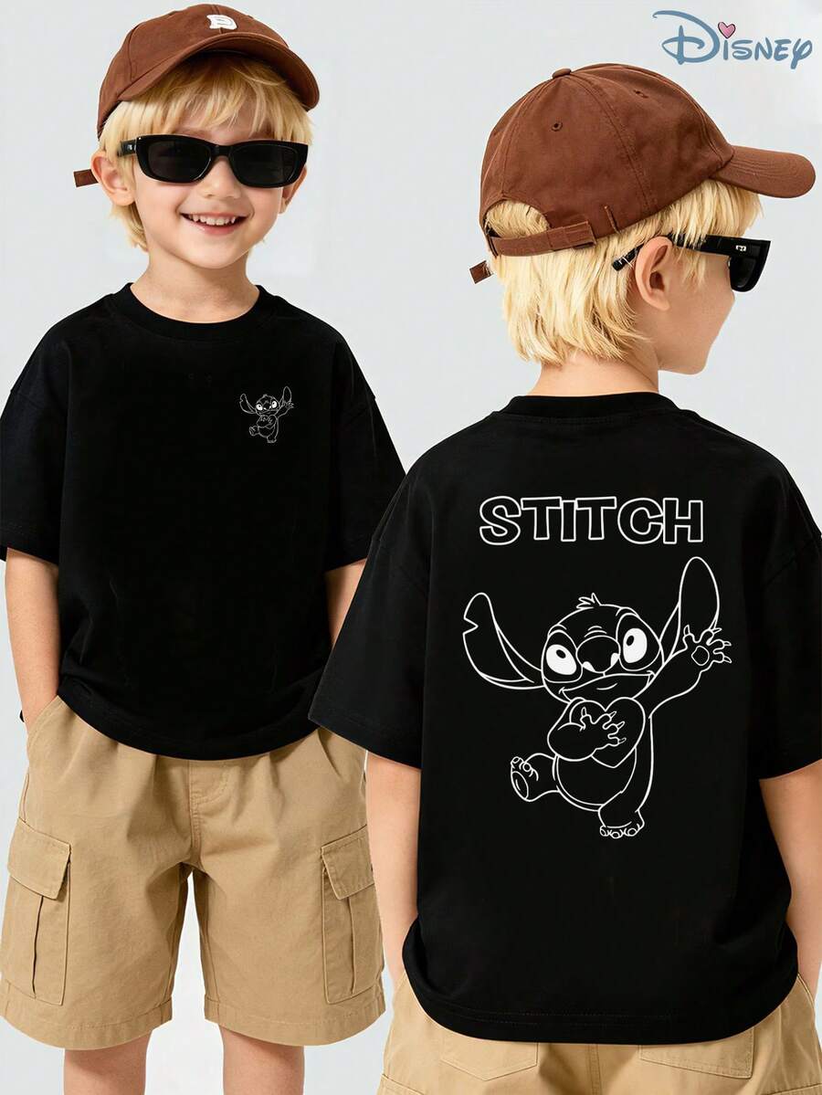 Boys' Disney Lilo & Stitch Minimalist Outline Graphic T-Shirt, Kids Simple Stitch Tee, Soft Casual Top For Boys, Perfect For Playdates, School & Everyday Wear - màu đen - Xem 1