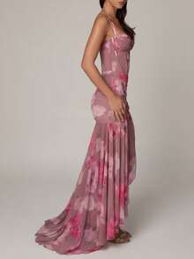 Women's Short Printed Strappy Dress - High Waist With Side Slit, Beachy Holiday Style - New Arrival Summer 2026 - 粉色 - 查看 3