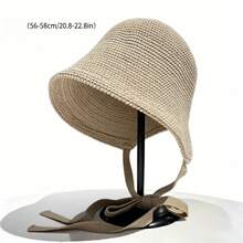 1 Piece Of Women's Crochet Bucket Hat, Fashionable Neck Strap Fisherman Hat, Breathable And Lightweight Summer Beach Travel Hat - Beige - View 4