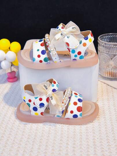 Girls' Colorful Polka Dot Pearl Sandals, Summer Bowknot Princess Shoes, Soft Bottom Non-Slip Children Beach Shoes