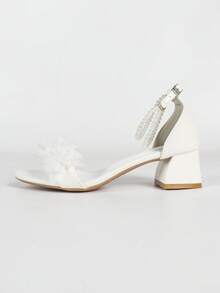 Giày sandal nữ đế dày quai ren hoa 3D đính ngọc trai giả, kiểu dáng ngọt ngào, màu trắng, mũi tròn, buộc dây, gót dày, thích hợp cho mùa hè. - trắng - Xem 6