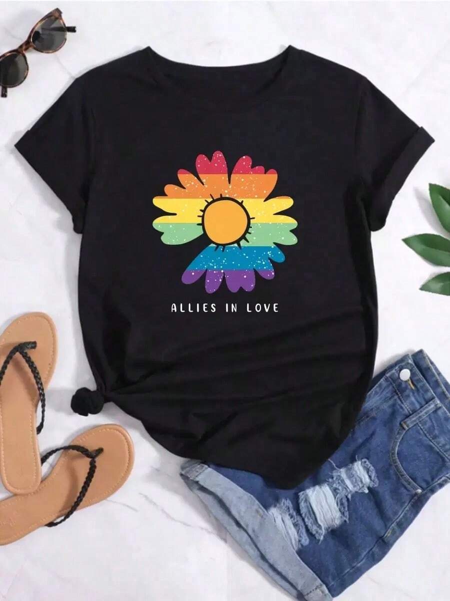 Camiseta deportiva para mujer, estampada con un diseño de margaritas y colores del arcoíris.Sencillo y elegante. - Negro - Ver 1