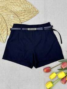 Women's Tailored High-Waisted Shorts + Belt With Gold Buckle - Black - View 6