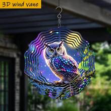 1个3D彩色猫头鹰栖息在夜空下的树枝上，尺寸为10英寸*10英寸，带旋转挂钩，可360° DIY创意彩虹风格旋转花园风车（不含吊坠），款式随机 - A - 查看 3