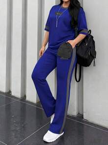 2 piezas Conjunto de camiseta de manga corta de cuello redondo y pantalones sueltos de cintura elástica para mujer, uso diario casual, negro, verano - Azul 142 - Ver 5