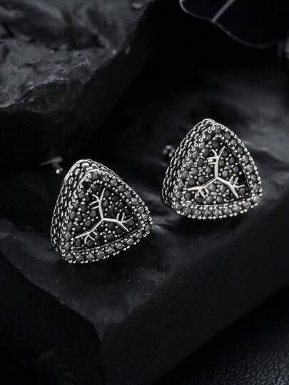 1 Pair Fashionable Luxury Fully Paved Diamond Triangle Stud Earrings For Men, Unique Branch Texture Men's Accessory, Suitable For Daily Wear, Gift For Friends On Holidays, Birthdays, Anniversaries