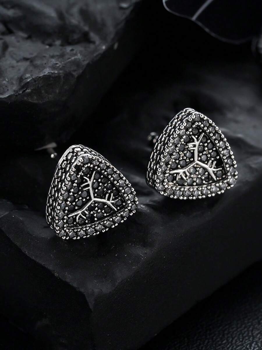1 Coppia Di Orecchini A Perno Triangolari Completamente Tempestati Di Diamanti Di Lusso Alla Moda Per Uomo, Accessorio Maschile Con Texture Unica A Ramo, Adatto Per Uso Quotidiano, Regalo Per Amici In Occasione Di Festività, Compleanni, Anniversari - Multicolore - Visualizzare 1