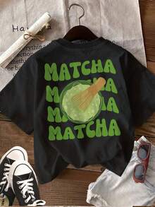 Camiseta Casual de Verano para Mujer, Estampada, Estilo de Dibujos Animados con Estampado de Batidor de Matcha, Cuello Redondo, Manga Corta, de Algodón Puro - Blanco - Ver 9