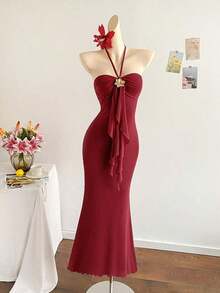 2026 Women's Romantic Gradient Mesh Knit Holiday Dress With Halter Neck, Bow And Decorative Metal Buckle, Mermaid Cut, Suitable For Parties, Dates, Afternoon Tea, Sexy And Elegant - 酒紅色 - 查看 6