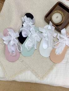 1/5双甜美芭蕾舞鞋风格蕾丝蝴蝶结真丝混纺船袜，春夏新品 - 彩色 - 查看 5
