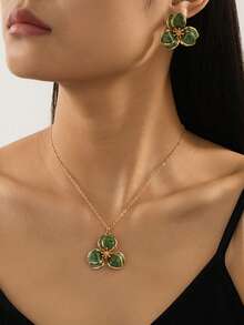 1 Set Korean Style Minimalist Niche Design Oil Drop Flower Earrings & Necklace Mori Style Vacation Jewelry Set For Women (Random Flower Center) - Green - View 3