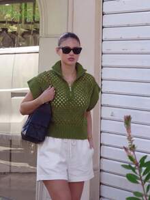 Senya 女士纯色针织背心，高领半拉链镂空钩针针织背心，适合夏季度假、休闲和日常通勤 - 橄欖綠 - 查看 8
