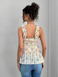 Camiseta sin mangas de línea A con volantes, tirantes anchos y recogida delantera y trasera para maternidad - Azul y blanco - Ver 2
