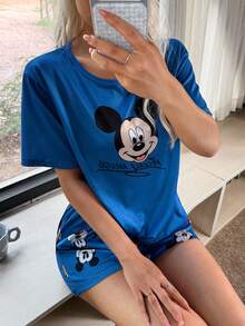 Disney Mickey Mouse Print Short Sleeve Shorts Pajama Set - Multicolor - View 3