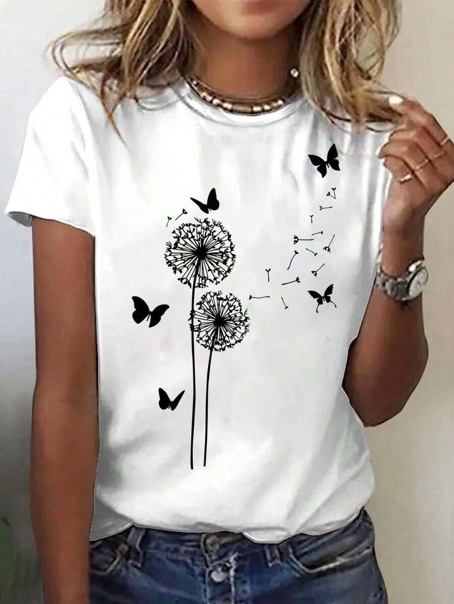 Camiseta casual de manga corta y cuello redondo con estampado de dientes de león y mariposa para mujeres - Blanco - Ver 1