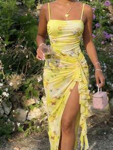 Vestido de mujer con estampado de mariposa vintage con teñido anudado, volantes fruncidos y bajo asimétrico, ideal para el Día de San Valentín, carnaval, cóctel, cena, baile de graduación, cumpleaños, verano y fiestas - Amarillo claro 2 - Ver 6
