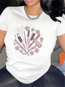 1 camiseta de manga corta para peluquerías, con un estampado de herramientas de peluquería en color rosa, hecha de tela de poliéster duradera, ligera y cómoda, adecuada para barberías, salones de belleza o uso diario, disponible en varios colores, 100% algodón. - Blanco - Ver 7