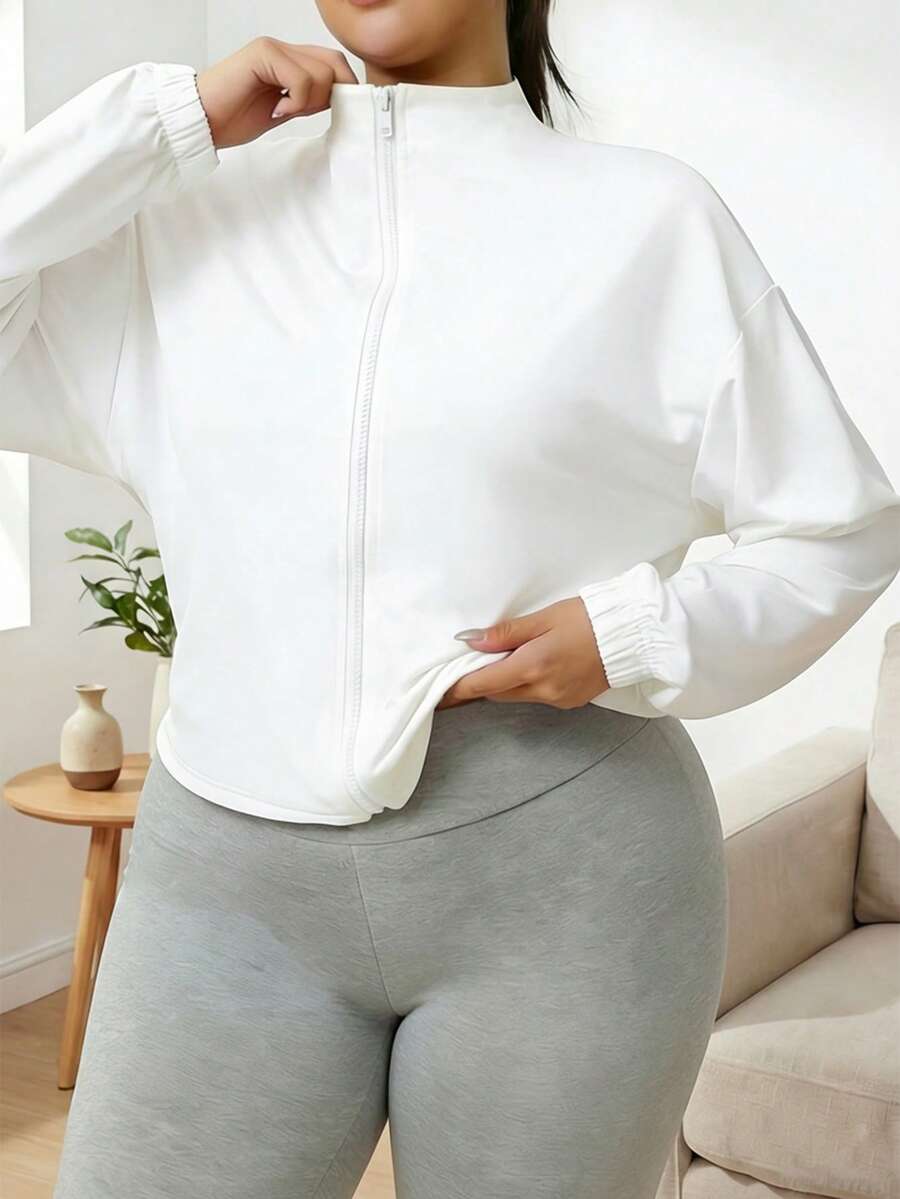 Chaqueta deportiva casual para mujer de talla grande, ajuste holgado con cremallera completa y cuello alto, adecuada para yoga, fitness, entrenamiento y actividades al aire libre como trotar o senderismo - Blanco - Ver 1