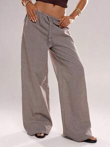 Pantalones casuales de uso diario de unicolor con cordón en la cintura para mujeres - Marrón - Ver 3