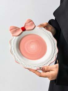 1pc Colorful Bowknot Ceramic Plate, Ins Style Creative Handpainted Embossed Plate, Bowknot Design & Colorful Round Plate, Suitable For Daily Western Dining, Birthday Cake, Snacks, Storage, Dishwasher - Multicolor - View 20