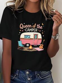 Camiseta Casual Talla Grande, Camiseta de Mujer Talla Grande con Estampado Gráfico "Queen of the CAMPER", Top Casual de Manga Corta y Cuello Redondo para Verano y Primavera, Ropa de Mujer 100% Algodón, Duradera - Negro - Ver 2
