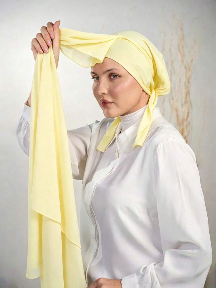 1pc 3-In-1 Quick-Wear Chiffon Hijab With Built-In Magnet And Inner Cap/One-Piece Quick-Wear Hijab - No Pins Needed, Anti-Slip Fit, Instant Wear - Lemon Yellow - View 1
