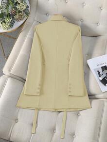 Chaqueta de traje de mujer con doble botonadura y cordones en color marrón, abrigo delgado y de longitud media para ir al trabajo, tela suave y elegante, prenda exterior casual elegante para mujeres de 25 a 45 años en primavera - Amarillo claro - Ver 5
