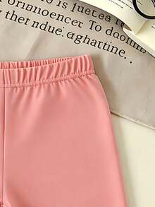 Girls' Summer Casual Set, Pink Short Sleeve T-Shirt With Shy Rabbit Cartoon Print, Paired With Black Shorts With Matching Pattern Accent, Cute And Lively, Suitable For Daily Wear Or Campus Outfit - Pink - View 7