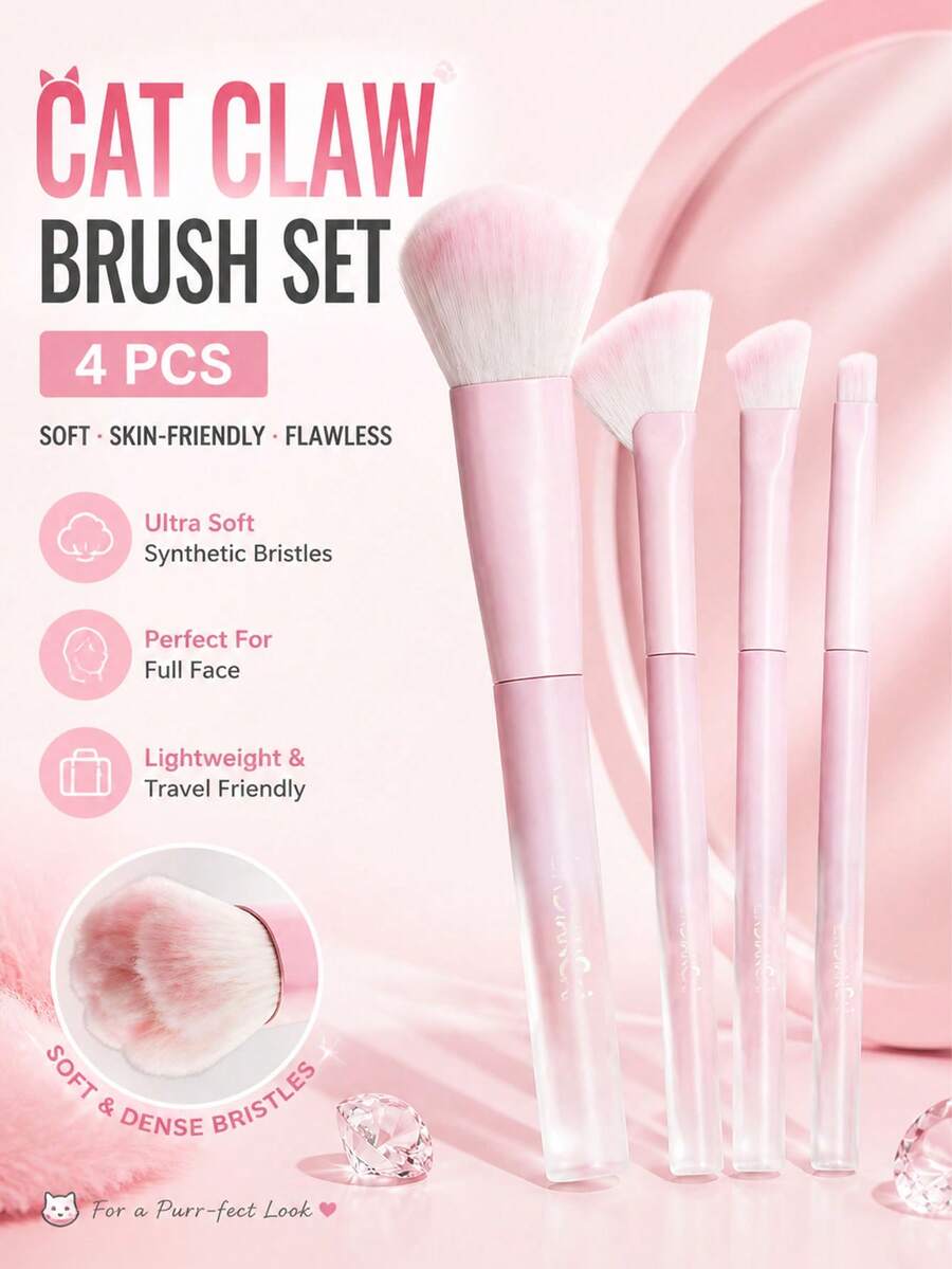 4pcs Professional High-Quality Makeup Brush Set, Including Contour Brush, Concealer Brush, Eye Shadow Brush, Fan Brush, Blush Brush, Powder Brush, Concealer Brush, Synthetic Fiber Bristles, Suitable For Liquid And Cream Cosmetics, Easy To Clean, Essential For Beginners And Daily Makeup - Pink - View 1