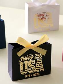 250th Independence Day Happy USA Foil Gift Bag, American National Day Party Souvenir Box, July 4th Holiday Decor Red Blue White Paper Bag, Summer Celebration Favor Packaging With Bow Design, Patriotic Metallic Feel Party Supplies - View 4