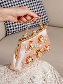 Floral Wristlet Clutch Bag, Party Elegant Handbag, European And American Style Chic Purse, Large Capacity Women's Bag, Formal Dress Bag, Fashion Lady Bag - Champagne - View 8