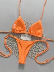 2pcs Solid Color Sexy Tie-Up Bikini, Reversible Twist Rope Design, Summer Vacation Beach - Burnt Orange - View 2