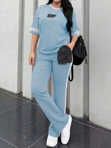 Conjunto de 2 piezas de camiseta de manga corta de cuello redondo y pantalones sueltos de cintura elástica para mujer, uso casual diario, elegante para primavera/otoño y verano - Azul cielo 220 - Ver 7