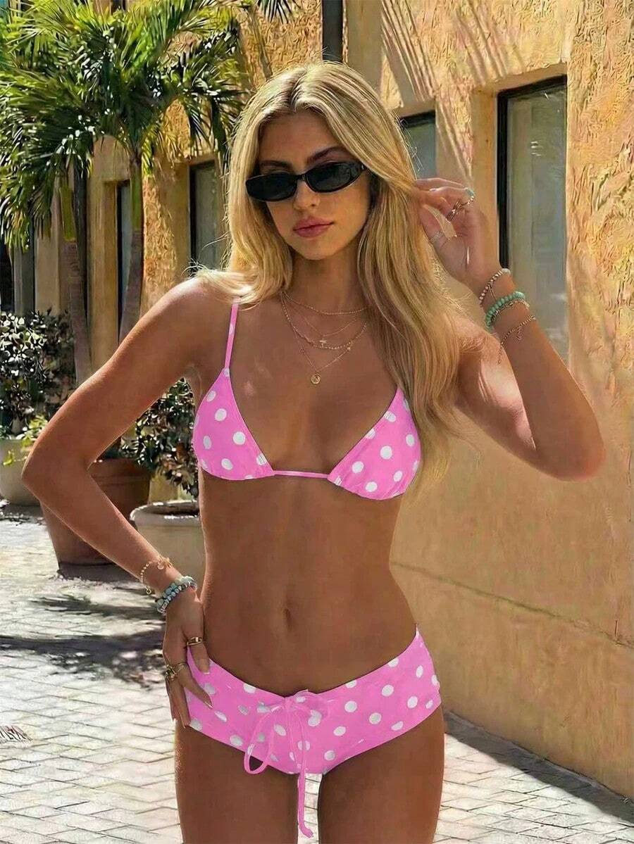 Nuevo conjunto de bikini con estampado de lunares sexy, espalda descubierta y lazo, con tirantes de espagueti para playa y piscina en vacaciones - Rosa - Ver 1