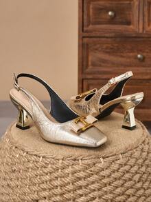WHDXY Square Toe Ankle Strap Sandals, Metal Buckle Asymmetric Heel Pumps, Versatile Dress Shoes For Work And Date, Elegant Heeled Sandals For Women - Gold - View 4