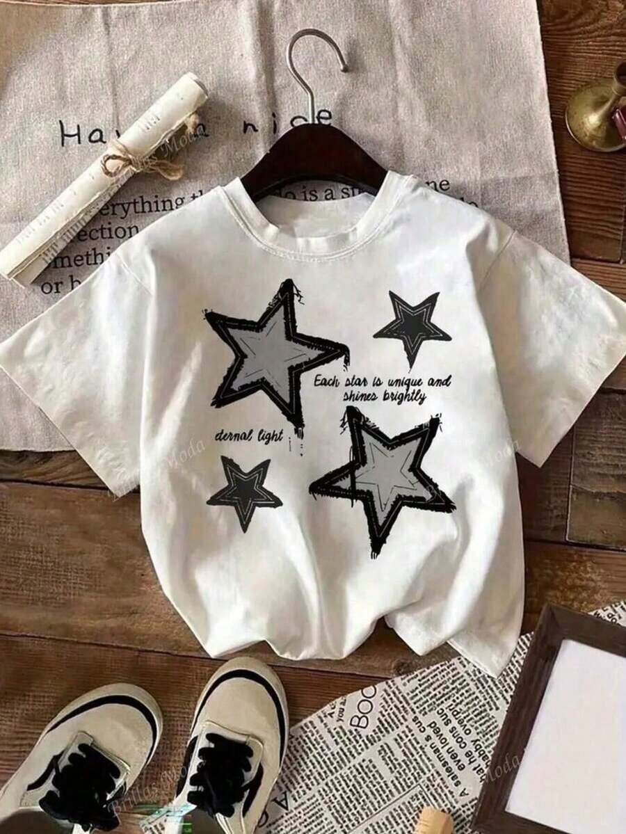 Women's Short Sleeve T-Shirt Autumn-Winter 2025 - Round Neck, Relaxed And Versatile Cut With A Modern Star Print. Soft And Lightweight Fabric With Excellent Drape, Perfect As The Base For A Casual Or Playful Look. - 白色的 - 查看 1