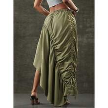 Asymmetrical Hem Adjustable Drawstring Skirt Fashionable Streetwear - Olive Green - View 6
