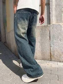 男士复古宽松阔腿水洗直筒牛仔裤，休闲街头风，适合送给男友/老公，四季皆宜 - 深色水洗藍 - 查看 5