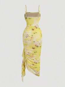 Vestido de mujer con estampado de mariposa vintage con teñido anudado, volantes fruncidos y bajo asimétrico, ideal para el Día de San Valentín, carnaval, cóctel, cena, baile de graduación, cumpleaños, verano y fiestas - Amarillo claro 2 - Ver 2